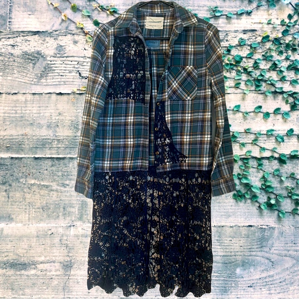 Upcycled flannel and crochet lace boho duster shirt